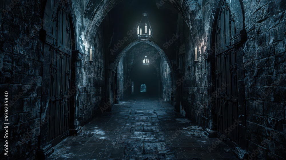 Fototapeta premium Gothic medieval dungeon corridor with stone walls, dim lighting, and eerie atmosphere, perfect for dark fantasy or horror-themed projects.