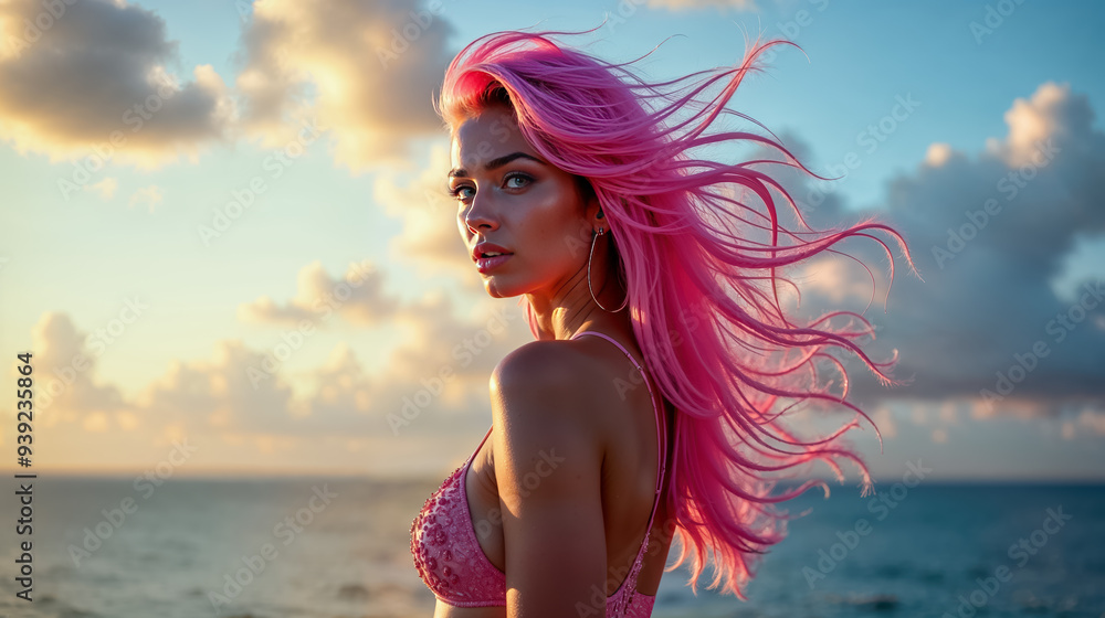 Naklejka premium young woman with pink hair turning around - ocean in background