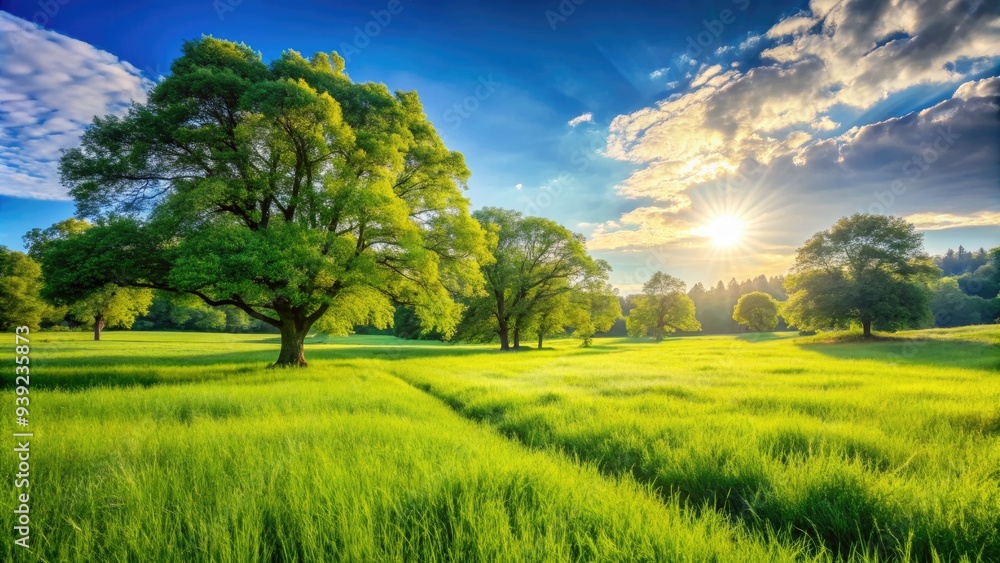 Obraz premium Vibrant green lush grass sways gently in the breeze, filling a serene and idyllic sunny field surrounded by majestic trees and a clear blue sky.