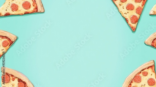 A playful illustration featuring pizza slices arranged around a light blue background.