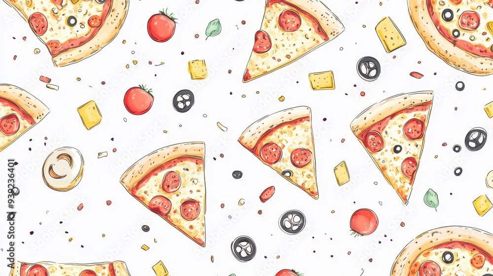 A playful pattern featuring pizza slices and toppings. A playful pattern featuring pizza slices and toppings.
