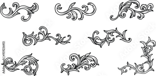 Set of vintage Baroque ornament,Vintage floral border elements, engraved leaves and frame filigree arabesque, Victorian black line art, swirl flourish engraving ornamental elements vector design. photo