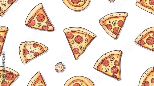 A playful pattern featuring slices of pizza and a whole pizza, designed for food-themed graphics. photo