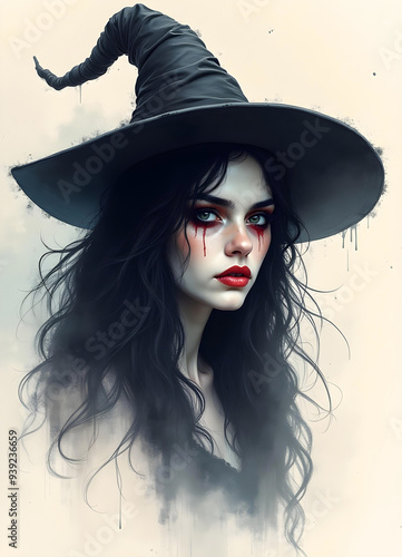 Digital portrait of a girl with dark hair wearing a witch hat and halloween make-up