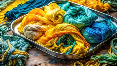 Vibrant hues of turquoise and yellow dye swirl and mix in a shallow metal tray, surrounded by folded fabrics and twisted threads, awaiting creative transformation. photo