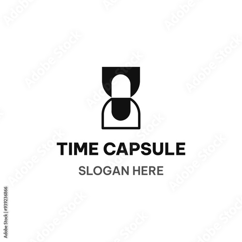 Time capsule logo template in simple flat style. Hourglass and pill vector illustration