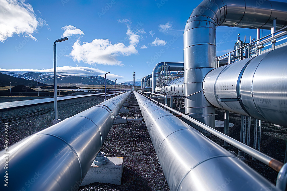 Carbfix project in Iceland. Renewable energy. Landscape with Steel Pipelines in a Serene Carbfix project in Iceland. Renewable energy. Landscape with Steel Pipelines in a Serene