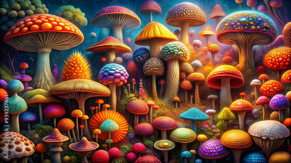 Vibrant Mycosphere: Saturated hues, diverse mushroom species, intricate patterns, energetic, enchanting Vibrant Mycosphere: Saturated hues, diverse mushroom species, intricate patterns, energetic, enchanting