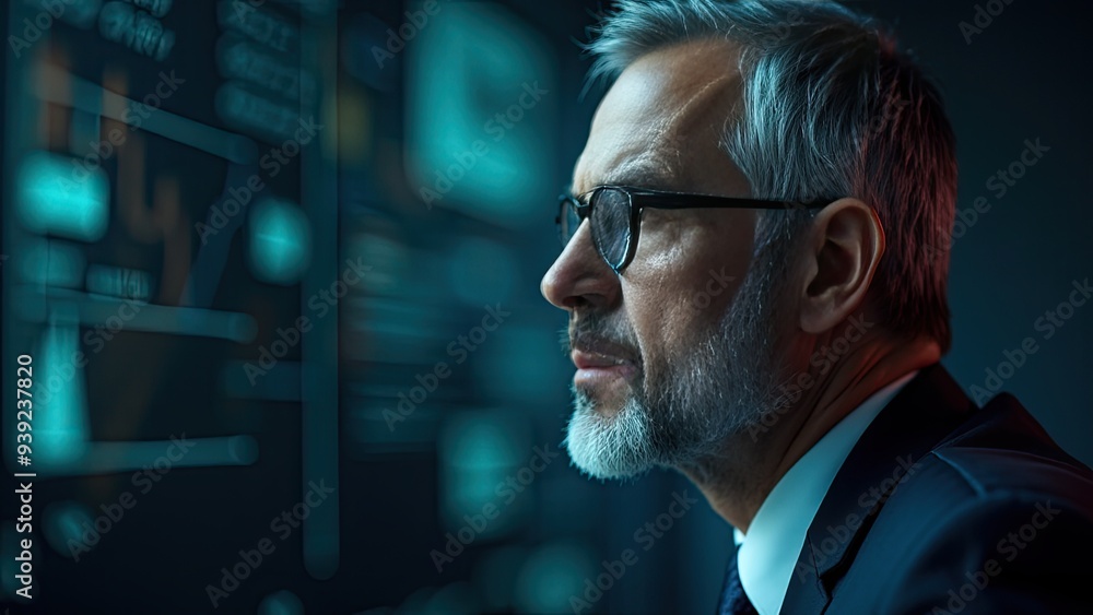 Businessman Looking at Data on a Screen. Generative image Ai Businessman Looking at Data on a Screen. Generative image Ai