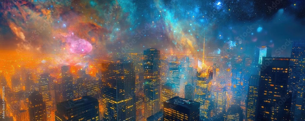Fototapeta premium A vibrant city skyline illuminated under a surreal cosmic sky, blending urban and astronomical elements in a captivating scene.