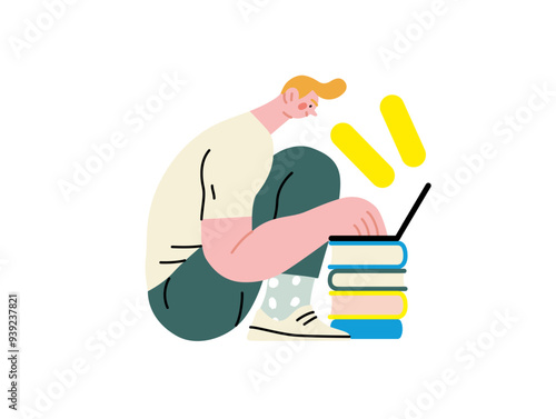 Creative workspace, modern flat vector concept illustration of a man working sitting with a computer Remote work, flexibility, independence, efficiency, mobility, synergy, freedom