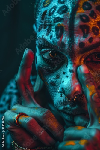 With a mischievous grin, the trickster god showcases elaborate face paint, blending vibrant colors and patterns, evoking mystery and enchantment in the atmosphere