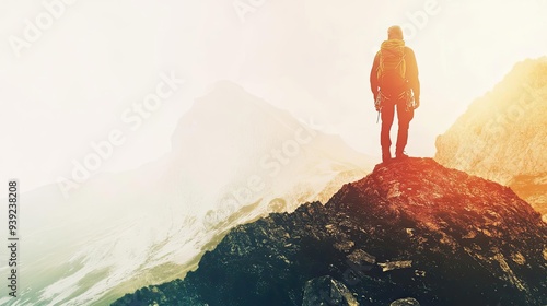 A solitary figure stands atop a rocky mountain, surrounded by mist and light, embodying adventure and exploration in nature's beauty. photo