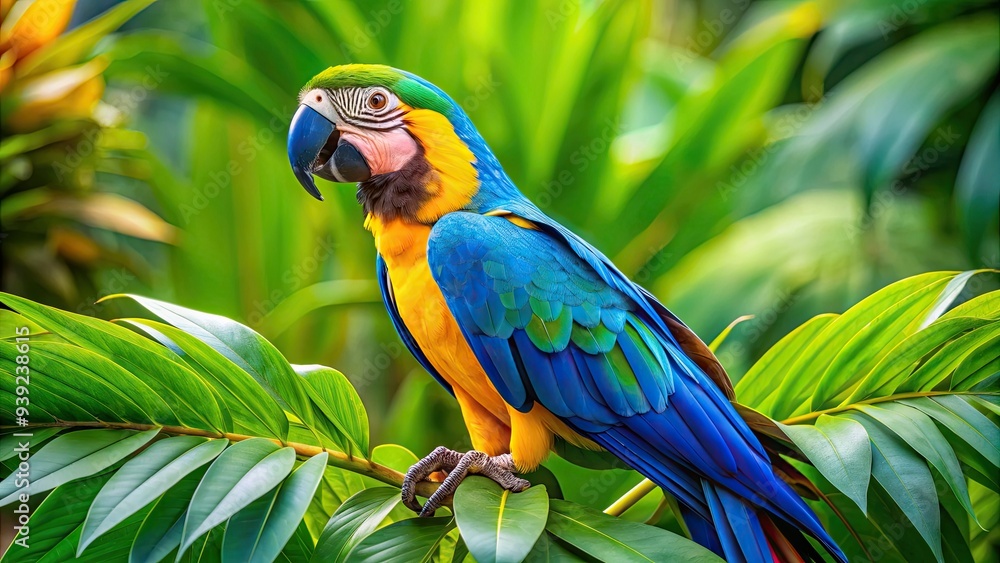 Vibrant macaw perched on a branch, surrounded by lush green leaves, with a bright blue and yellow plumage, isolated on a white background. Vibrant macaw perched on a branch, surrounded by lush green leaves, with a bright blue and yellow plumage, isolated on a white background.
