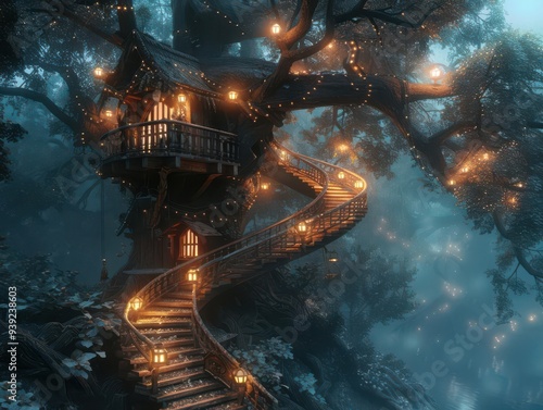 Enchanting treehouse illuminated by fairy lights in a misty forest, offering a mystical and magical ambiance perfect for any fantasy setting. photo