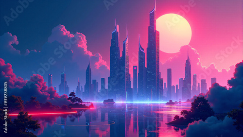 Futuristic Cityscape with Neon Lights. A Sci-Fi urban atmosphere.