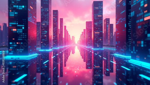 Futuristic Cityscape with Neon Lights. A Sci-Fi urban atmosphere.