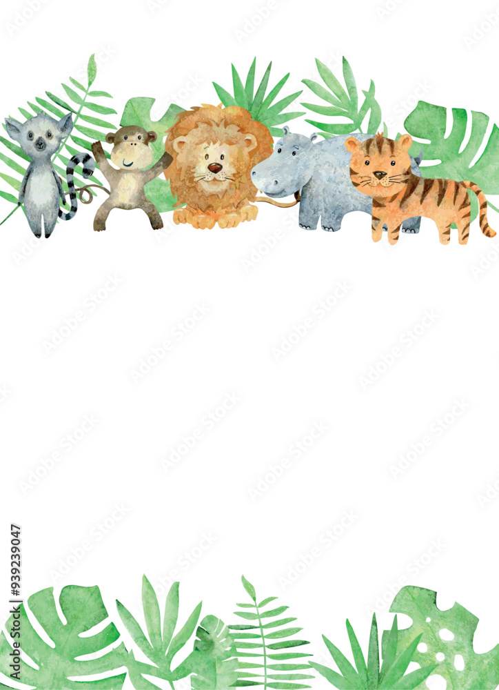 Fototapeta premium Vector Baby shower card. Watercolor safari card with animals.