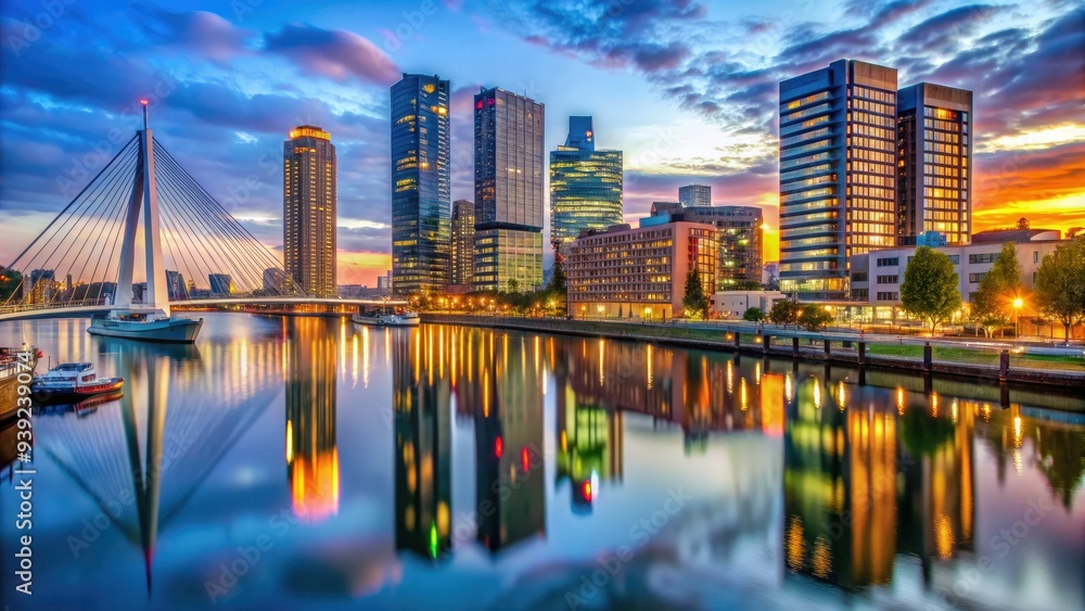 Fototapeta premium Vibrant modern architecture meets historic charm in Rotterdam, Netherlands, with sleek skyscrapers, ornate bridges, and glittering harbor lights reflecting off the Maas River's calm waters.
