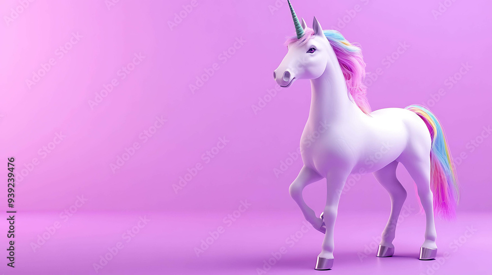 A white unicorn with a rainbow mane and tail stands on a pink background. A white unicorn with a rainbow mane and tail stands on a pink background.