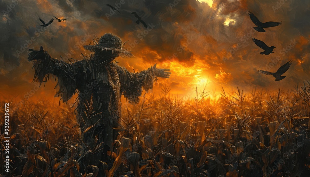 Scarecrow standing in a cornfield at sunset with dark clouds and flying birds, creating an eerie autumn harvest scene. Scarecrow standing in a cornfield at sunset with dark clouds and flying birds, creating an eerie autumn harvest scene.
