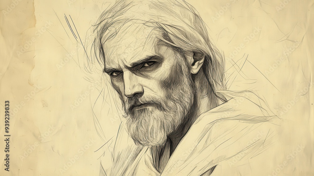 Fototapeta premium Illustration of Job Replies to Eliphaz - Sorrow and Defiance as Job Challenges Divine Justice, Beige Background