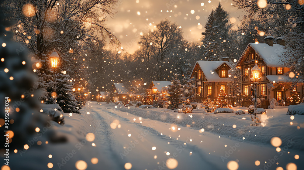 A snowy, cozy street lined with warm lit houses at dusk. A snowy, cozy street lined with warm lit houses at dusk.