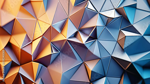 Abstract geometric background of blue, gold, and purple triangles.