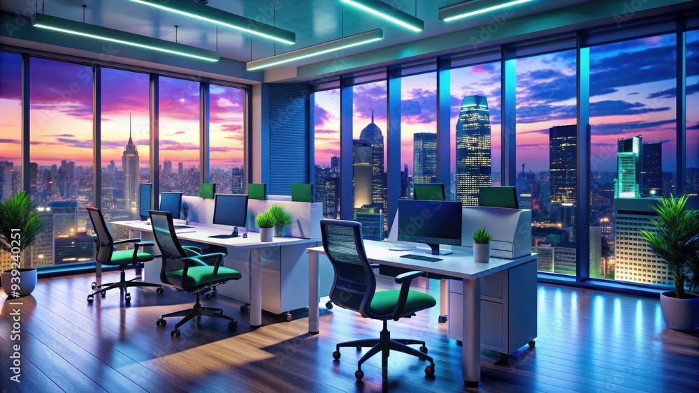 Vibrant neon lights illuminate a modern office space with sleek computer monitors, ergonomic chairs, and a cityscape view at dusk, exuding innovation and productivity. Vibrant neon lights illuminate a modern office space with sleek computer monitors, ergonomic chairs, and a cityscape view at dusk, exuding innovation and productivity.