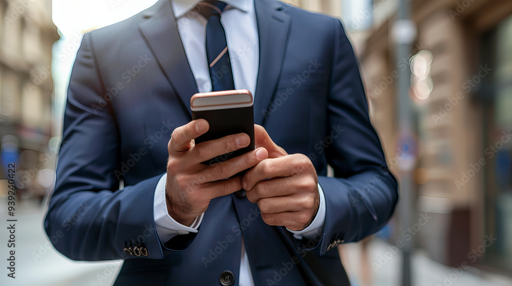A business man in a suit is looking at his phone. He is wearing a tie and he is focused on his phone A business man in a suit is looking at his phone. He is wearing a tie and he is focused on his phone