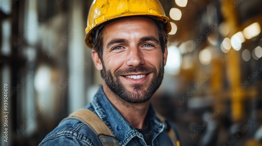 Portrait of a smiling worker in a hard hat looking at the camera against a blurred background. Portrait of a smiling worker in a hard hat looking at the camera against a blurred background.