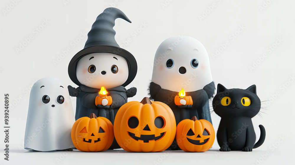 A group of Halloween characters, including a cat and two ghosts, are holding pumpkins. The scene is cheerful and playful, with the characters posing for a photo A group of Halloween characters, including a cat and two ghosts, are holding pumpkins. The scene is cheerful and playful, with the characters posing for a photo