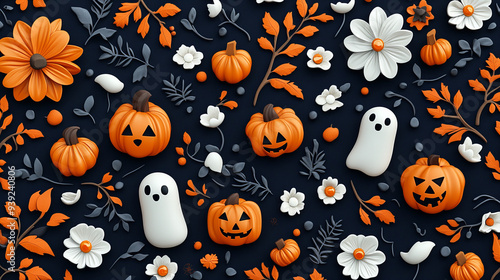 A Halloween themed background with flowers and pumpkins. The flowers are orange and white and the pumpkins are orange