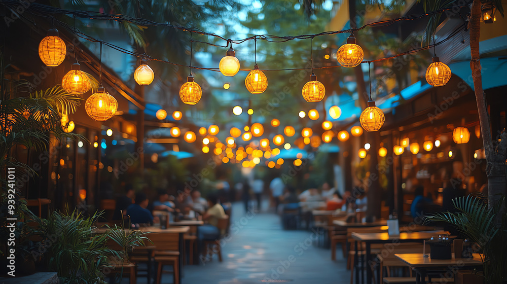 An outdoor patio area with string lights, people eating, and tables. An outdoor patio area with string lights, people eating, and tables.