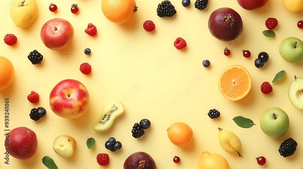 Assortment of fresh fruits and berries on a yellow background. Assortment of fresh fruits and berries on a yellow background.