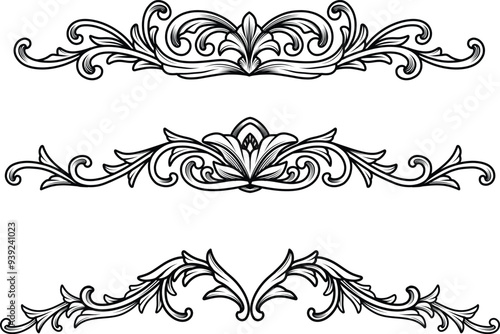 Set Baroque vintage ornamental border frame, crown, swirl, filigree, arabesque engraving decorative elements.