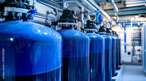 Modern industrial water treatment plant with large blue filtration tanks and complex piping system. photo