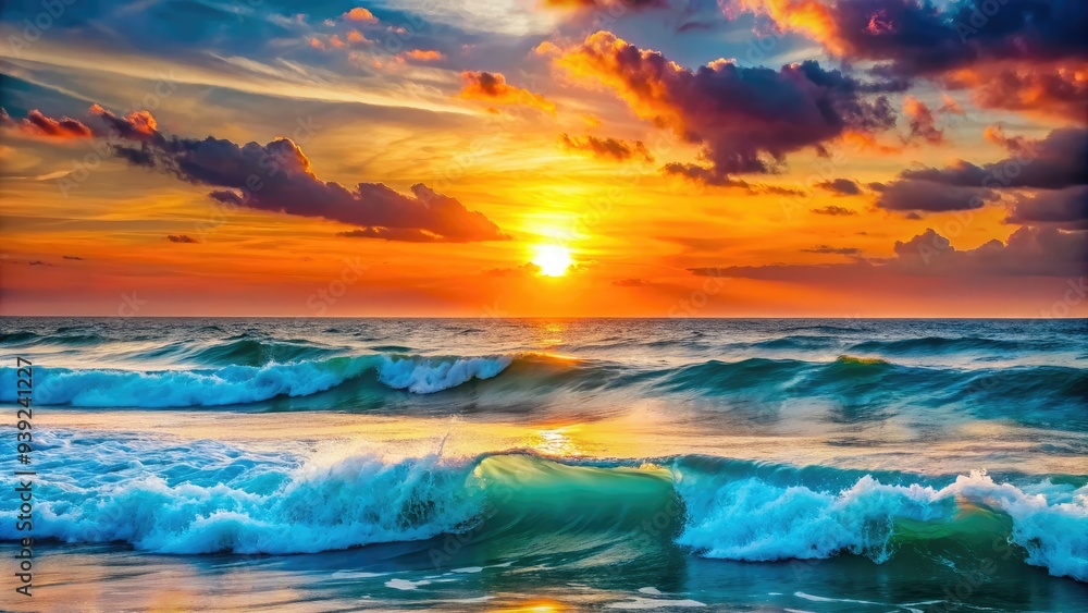 Vibrant orange and pink hues dance across the horizon as the sun dips into the calm turquoise ocean, casting a warm golden glow on the waves. Vibrant orange and pink hues dance across the horizon as the sun dips into the calm turquoise ocean, casting a warm golden glow on the waves.
