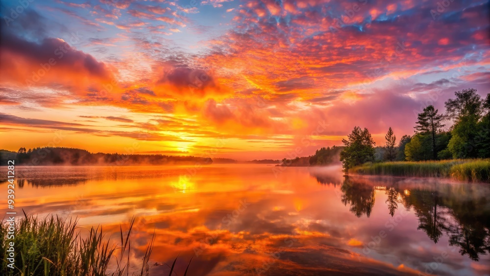 Vibrant orange and pink hues illuminate the misty morning sky above a serene lake in Minnesota as the sun rises over the tranquil landscape. Vibrant orange and pink hues illuminate the misty morning sky above a serene lake in Minnesota as the sun rises over the tranquil landscape.