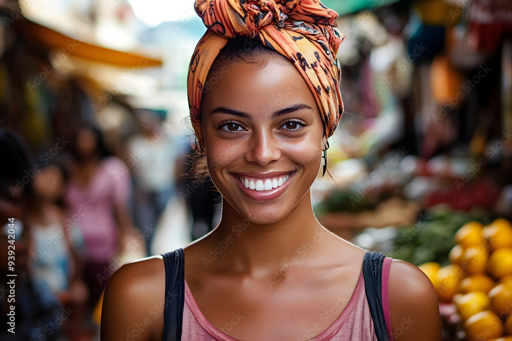Fototapeta premium Radiant smile in a vibrant market setting&nbsp;
