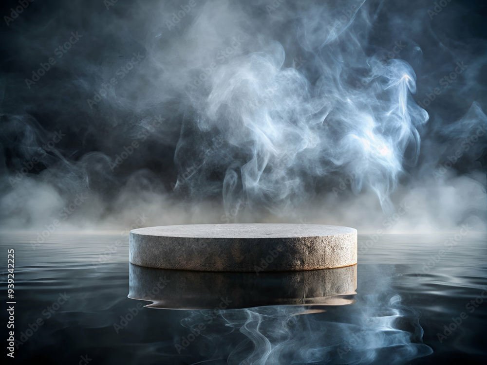 Empty concrete pedestal podium on the water with smoke and fog Empty concrete pedestal podium on the water with smoke and fog