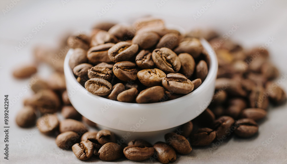 Brown coffee beans in white ceramic bowl. Brown coffee beans in white ceramic bowl.