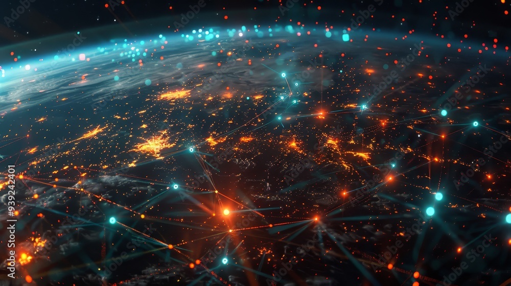 Fototapeta premium Digital Universe: Global Glowing Network of Data Streams and Server Nodes