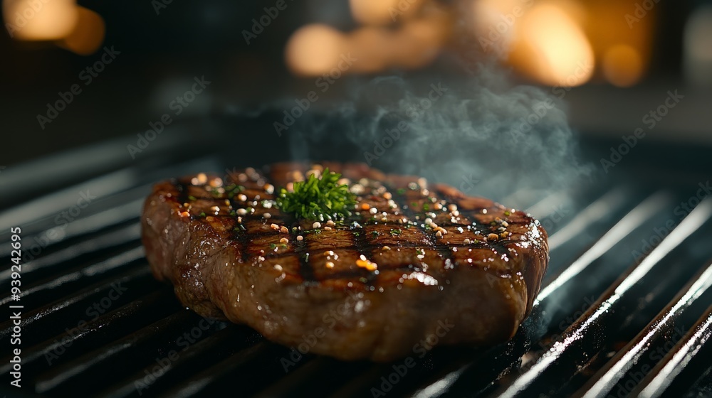 Perfectly grilled steak with char marks and garnish on a hot barbecue grill, emitting mouth-watering aroma in a dimly lit setting. Perfectly grilled steak with char marks and garnish on a hot barbecue grill, emitting mouth-watering aroma in a dimly lit setting.