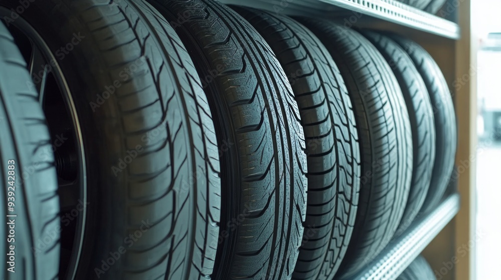 Fototapeta premium Close-up of stacked car tires on display. These tires show detailed tread patterns and rubber texture. Ideal for automotive enthusiasts or tire retailers. AI.