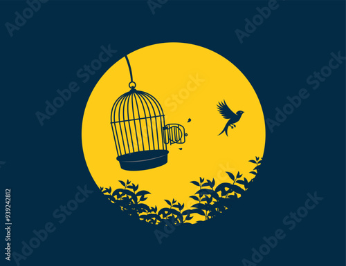 A bird flying out of open birdcage, surreal freedom motivational concept.