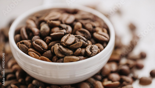 Brown coffee beans in white ceramic bowl.
