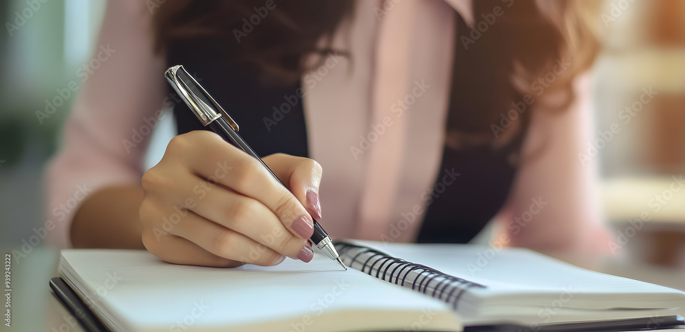Fototapeta premium close up businesswoman hand writing content or somethings on notebook