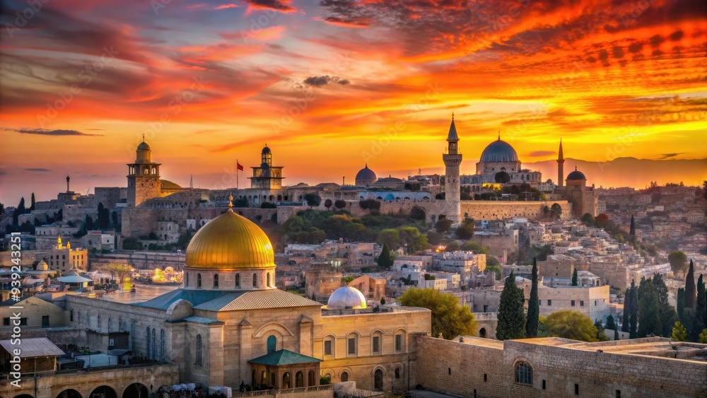 Obraz premium Vibrant oranges and pinks illuminate the ancient cityscape of Jerusalem as the sun rises over the historic walls and domes of the old city.