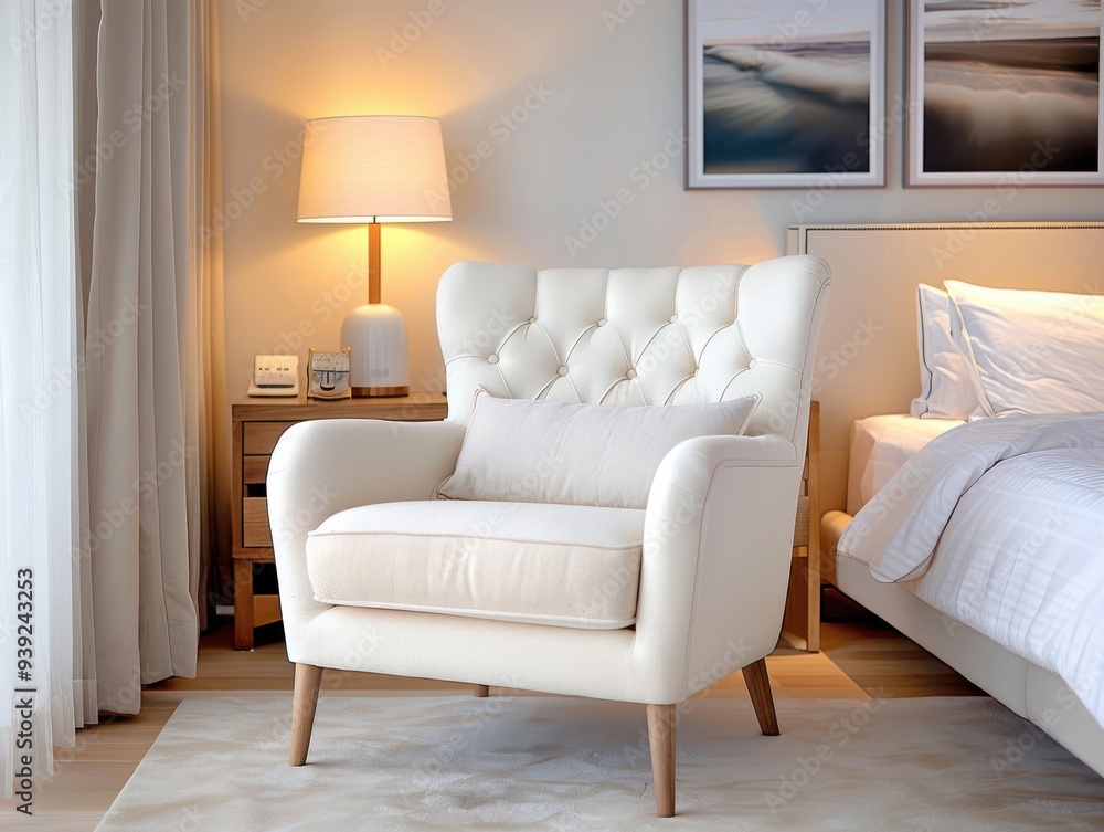 Elegant bedroom with tufted armchair and warm lighting Elegant bedroom with tufted armchair and warm lighting